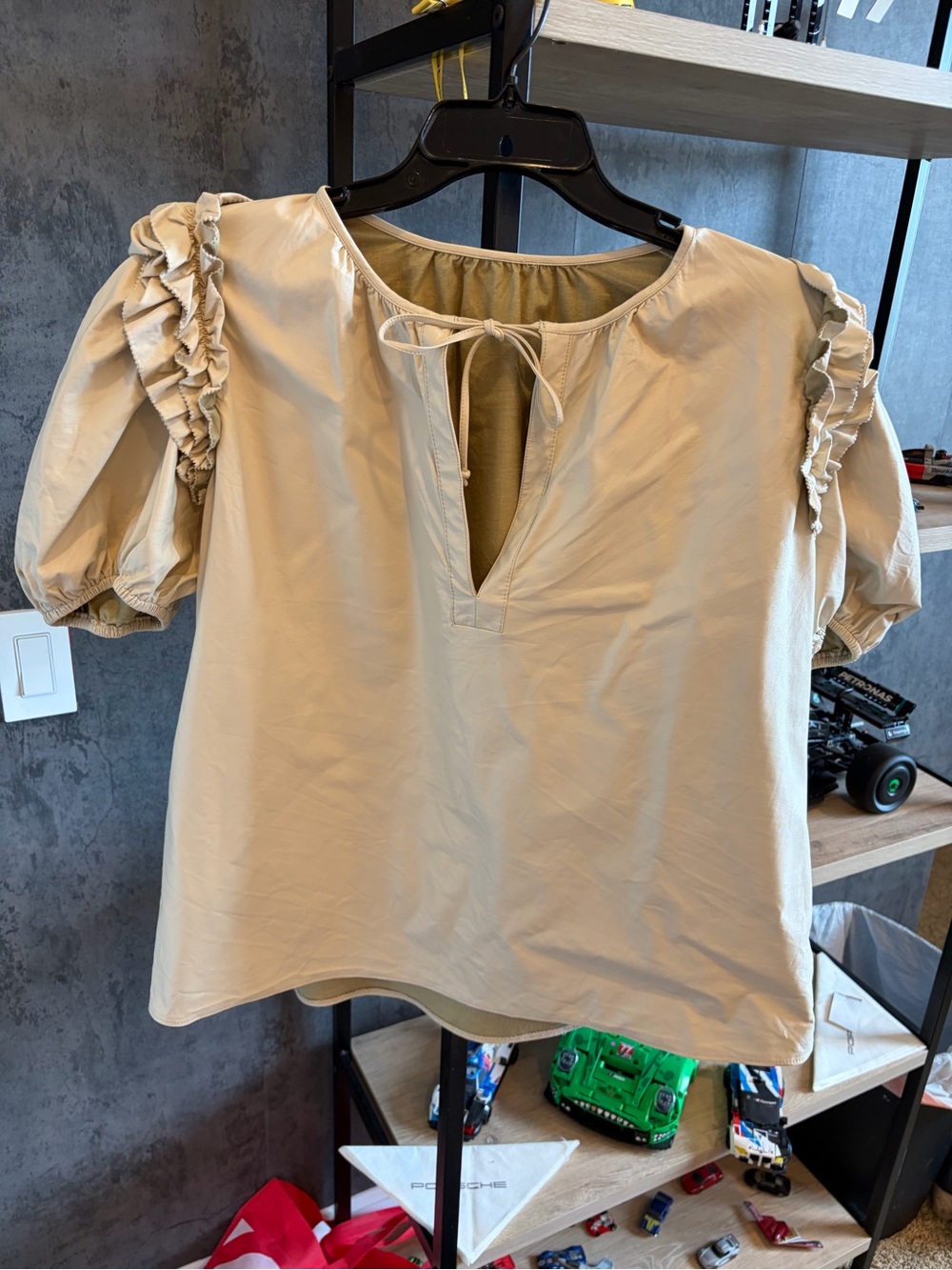 Woven Ruffle Sleeve Women’s Top - Beige pleather faux leather